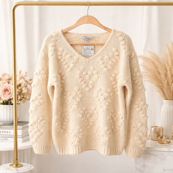 FAVLUX Sweaters - FAVLUX FASHION SIZE S IVORY CREAM KNIT‎ SWEATER BOBBLE HEARTS BOHO VALENTINES